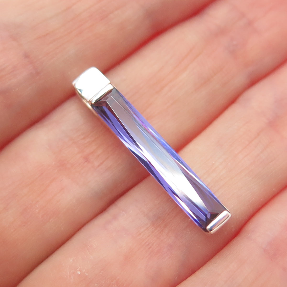 925 Sterling Silver Vintage Baguette-Cut Purple C Z Slide Bar Charm Pendant