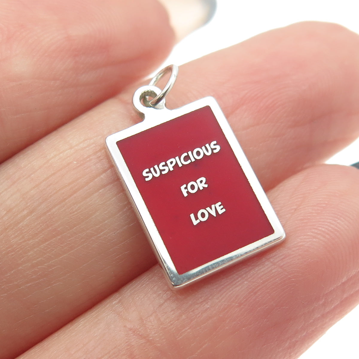 925 Sterling Silver Red Enamel "Suspicious For Love" Minimalist Charm Pendant