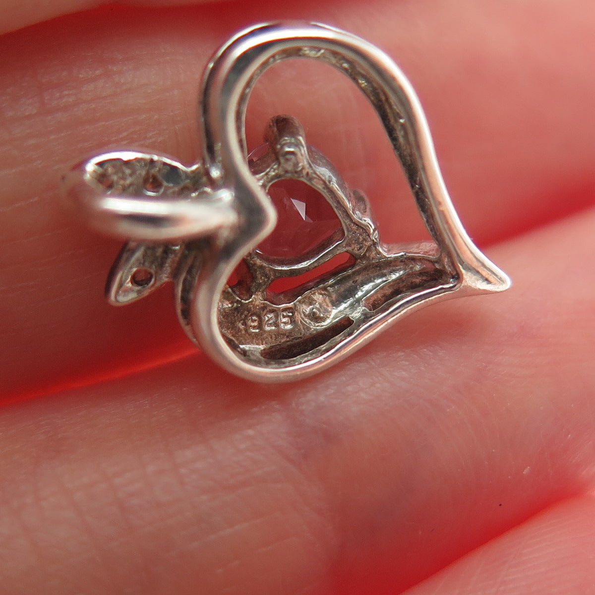 925 Sterling Silver Vintage Real Amethyst & C Z Heart Minimalist Slide Pendant