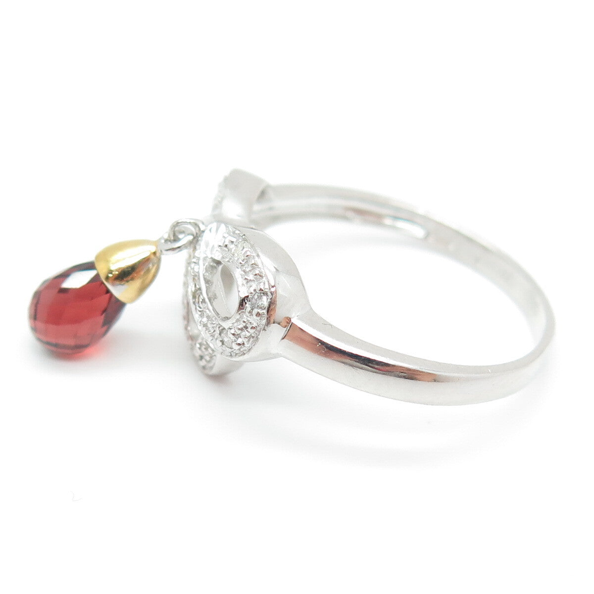 925 Sterling Silver 2-Tone Real Round-Cut Diamond Red Garnet Bow Ring Size 8.25