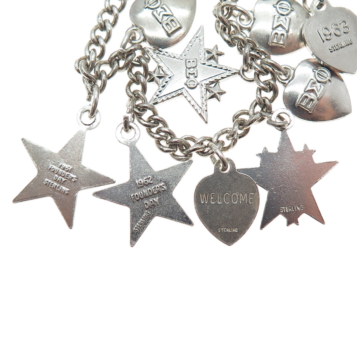 925 Sterling Silver Vintage 1951-63 Beta Sigma Phi Sorority Charms Bracelet 6.5"