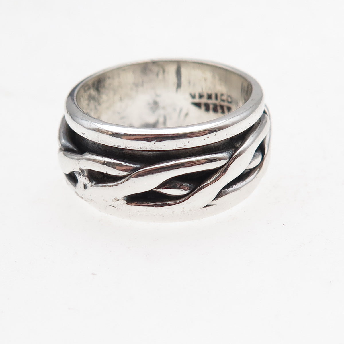 925 Sterling Silver Vintage Mexico Braided Oxidized Rotating Band Ring Size 7.75