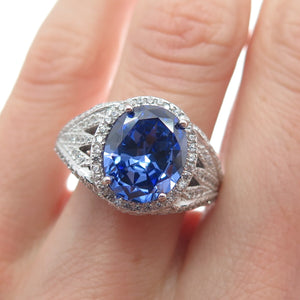 DSMK 925 Sterling Silver White Round-Cut Blue Oval-Cut Shaped C Z Ring Size 7.25