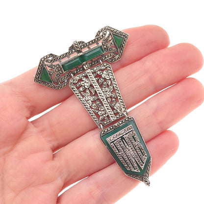 925 Sterling Antique Green Onyx Marcasite HWB Monogram Brooch (missing 9 stones)