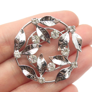 925 Sterling Silver Antique D'OR Rhinestone Leaves Round Pin Brooch