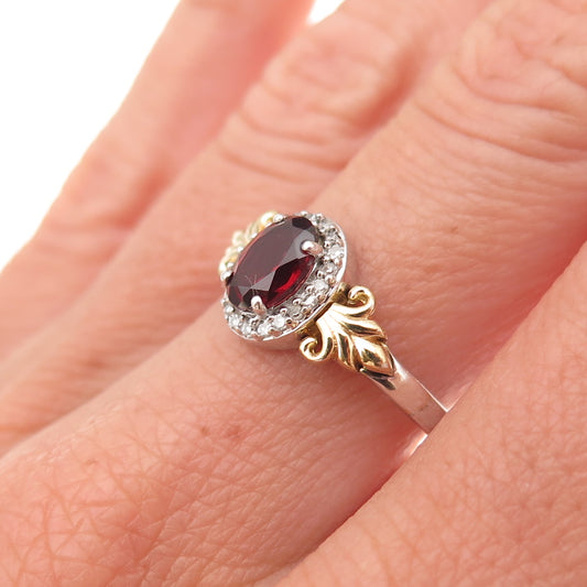 Disney 925 Sterling Silver 2-Tone Real Diamond & Red Garnet Floral Ring Size 7