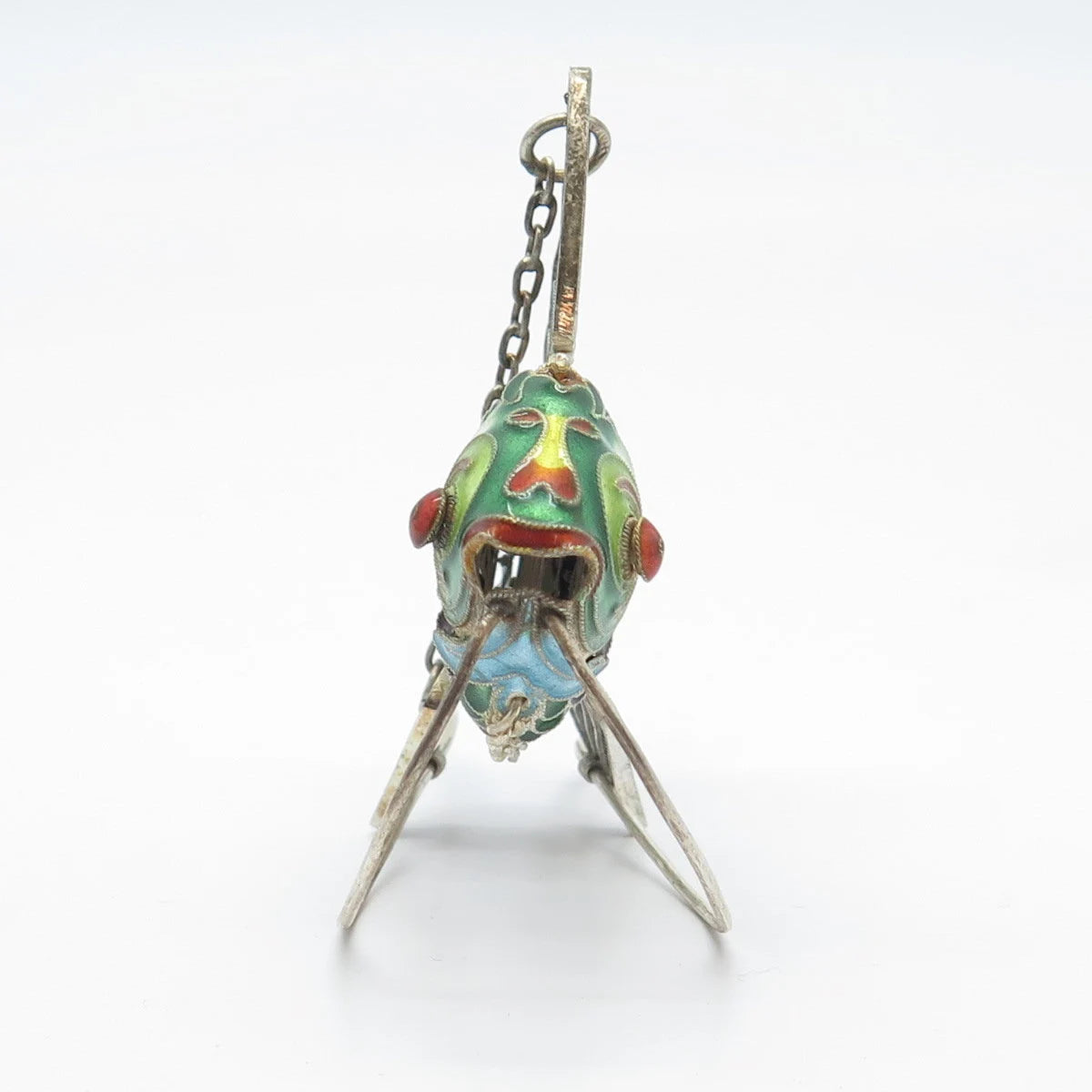 925 Sterling Silver Antique Enamel Chinese Koi Fish Articulated Chatelaine Fob