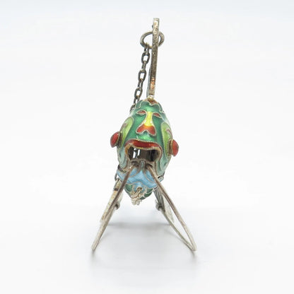 925 Sterling Silver Antique Enamel Chinese Koi Fish Articulated Chatelaine Fob