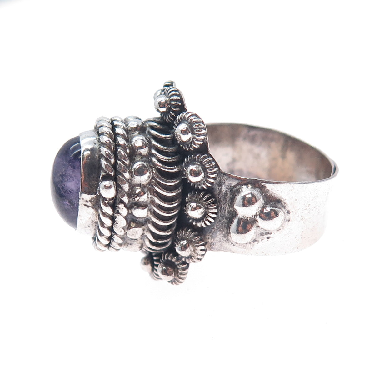 925 Sterling Silver Vintage Mexico Real Amethyst Adjustable Poison Ring Size 7