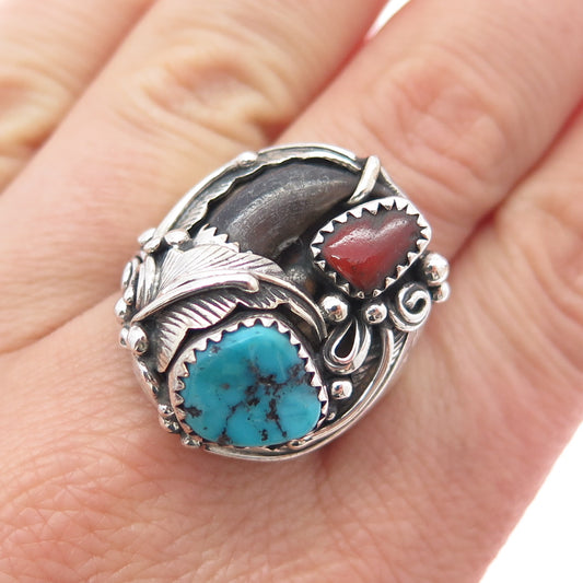Evelyne & Edwards James Old Pawn Sterling Vintage Turquoise Coral Ring Size 10.5