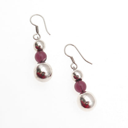 925 Sterling Silver Vintage Real Tourmaline Ball Beaded Dangle Earrings
