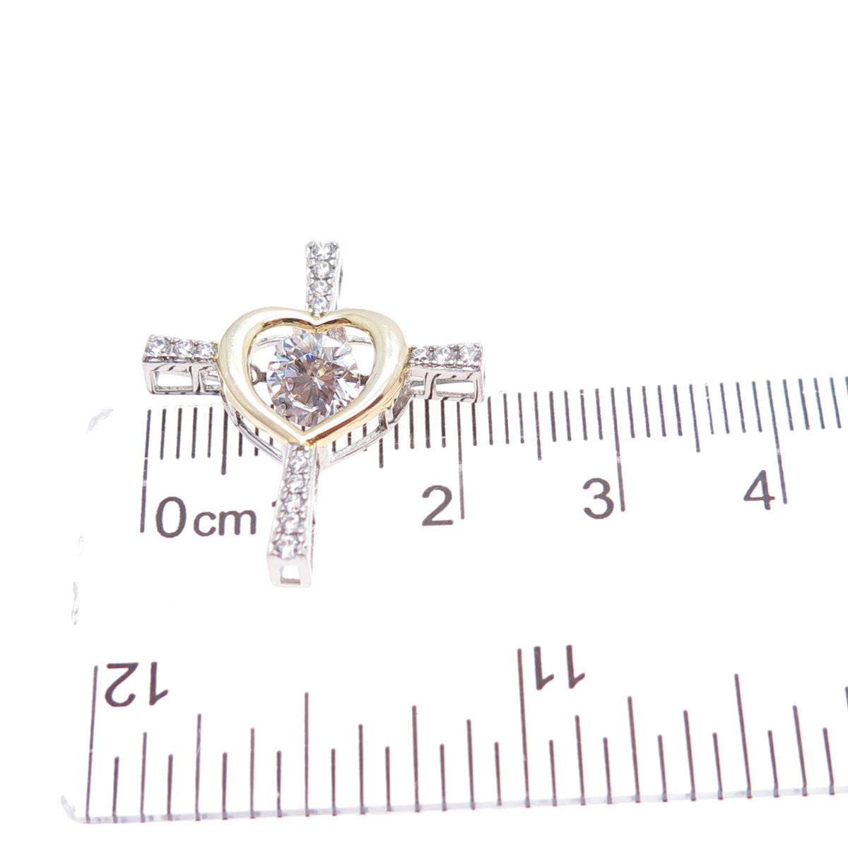 925 Sterling Silver 2-Tone Round-Cut C Z Heart Cross Minimalist Slide Pendant