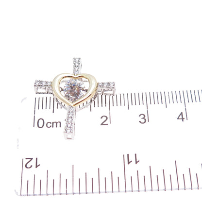 925 Sterling Silver 2-Tone Round-Cut C Z Heart Cross Minimalist Slide Pendant