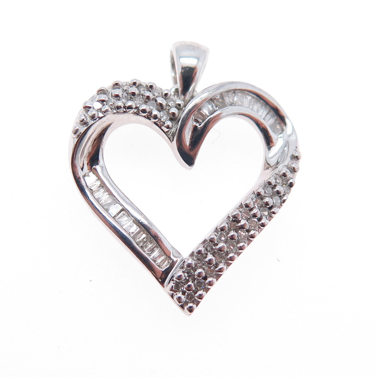 SUN 925 Sterling Silver Real Round & Tapered Baguette-Cut Diamond Heart Pendant