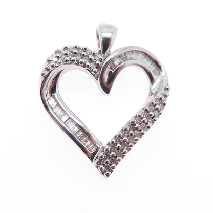 SUN 925 Sterling Silver Real Round & Tapered Baguette-Cut Diamond Heart Pendant