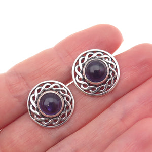 925 Sterling Silver Vintage Real Amethyst Celtic Woven Oxidized Earrings