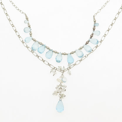 925 Sterling Vintage Real Blue Topaz & Clear Quartz Double Chain Necklace 20"