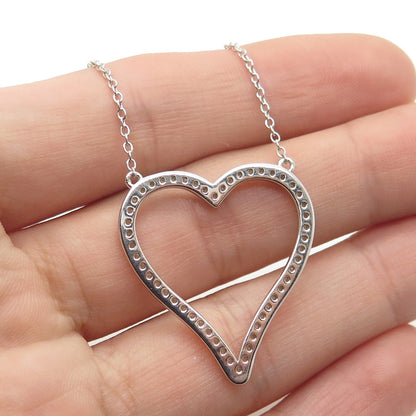 925 Sterling Silver Real Round-Cut Diamond Open Heart Cable Chain Necklace 18"