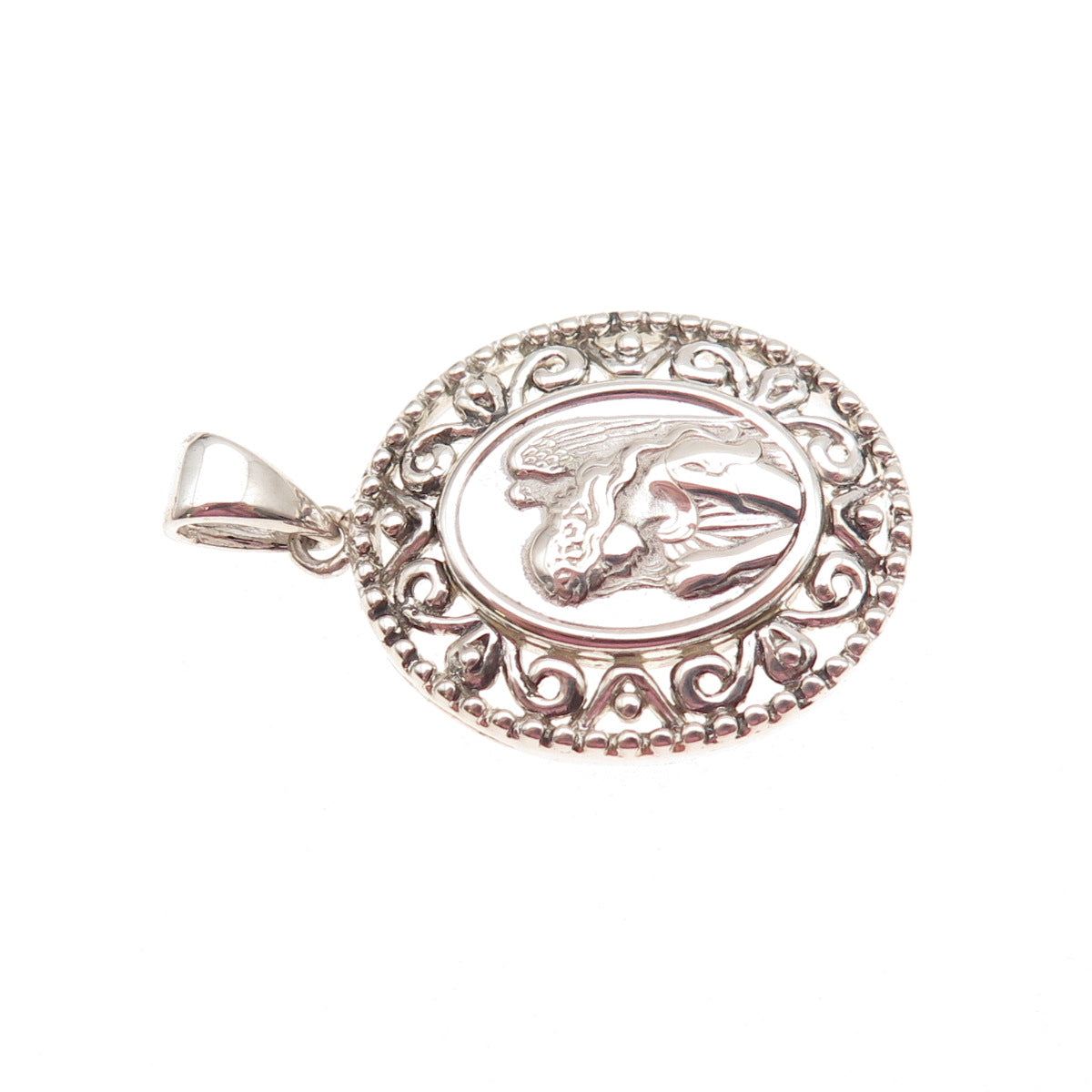 925 Sterling Silver Vintage Praying Angel Ornate Oxidized Charm Pendant