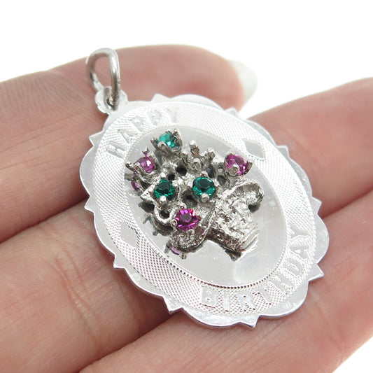 925 Sterling Silver Vintage Multi-Color Rhinestone "Happy Birthday" Pendant