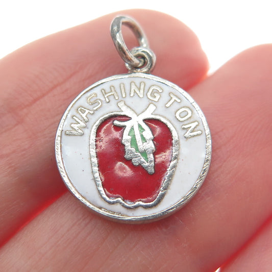 925 Sterling Silver Vintage Colorful Enamel "Washington" Apple Charm Pendant