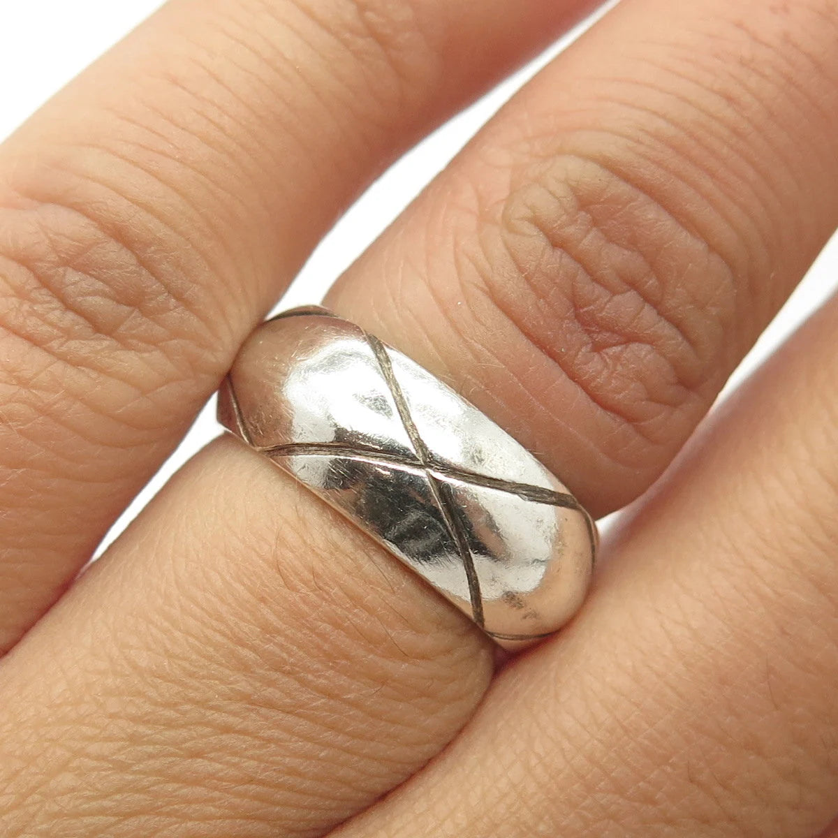 925 Sterling Silver Vintage Mexico "X" Lined Band Ring Size 5.75