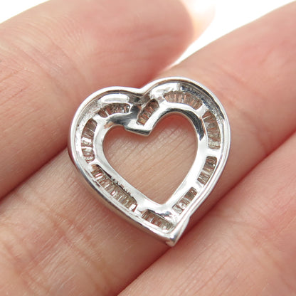 925 Sterling Silver Real Tapered Baguette-Cut Diamond Heart Slide Mini Pendant