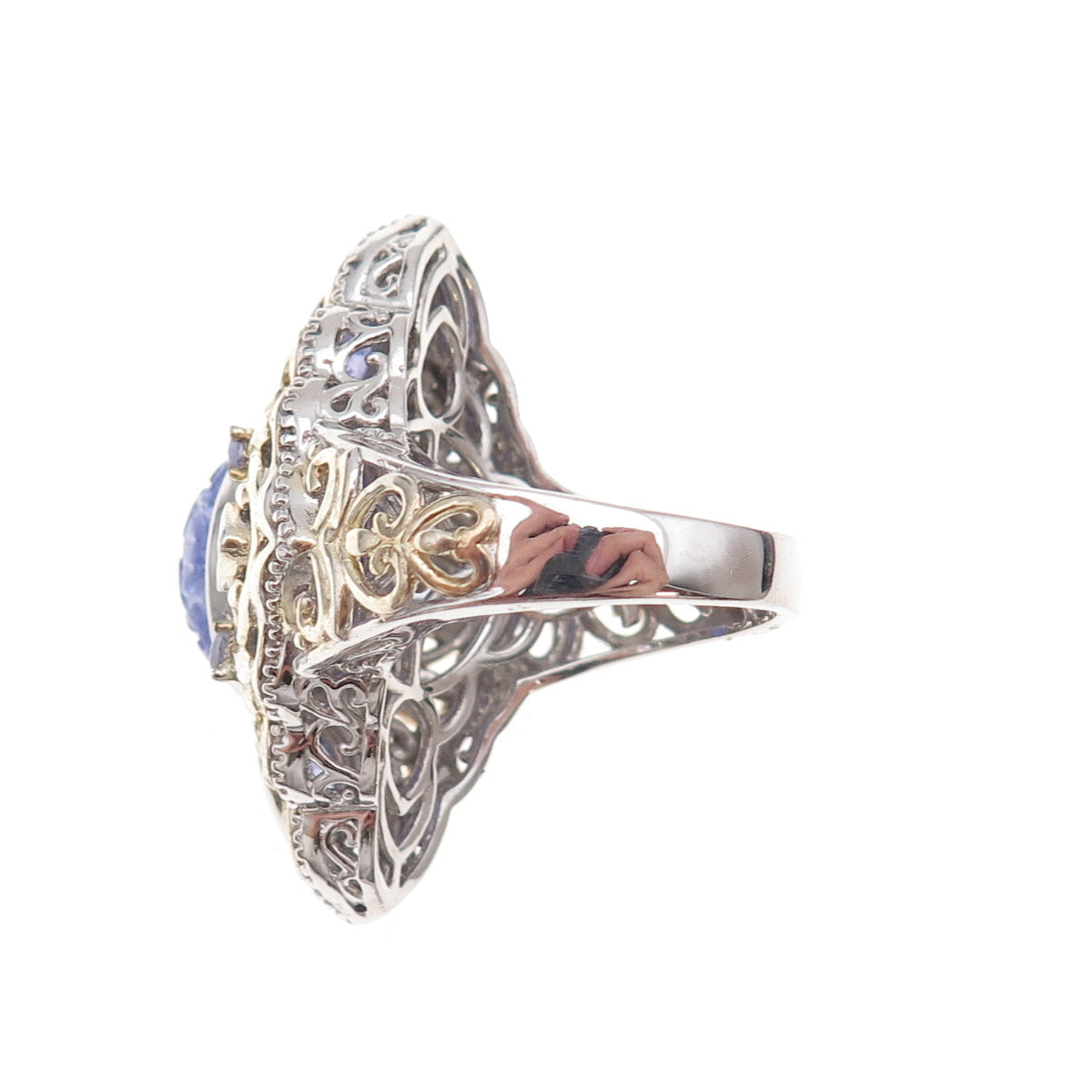 925 Sterling Silver 2-Tone Real Tanzanite Carved Floral Ring Size 8.25