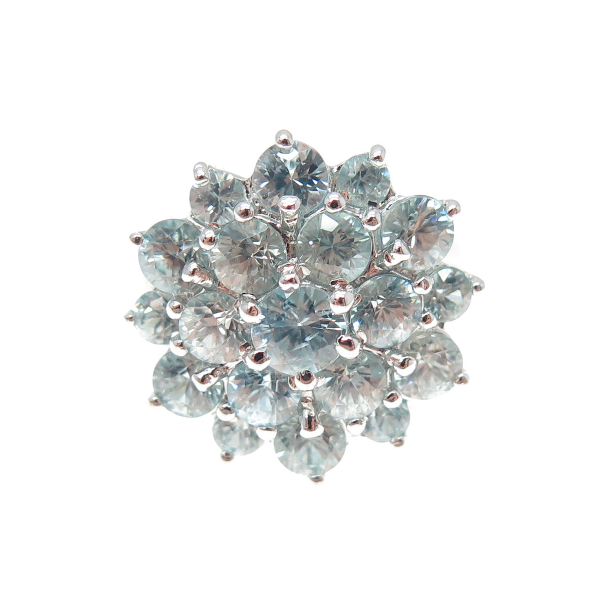 925 Sterling Silver Real Round-Cut Blue Topaz Flower Cluster Ring Size 7.5