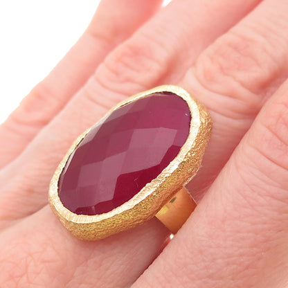 925 Sterling Silver Gold Plated Real Pink Quartz Modernist Ring Size 7.25