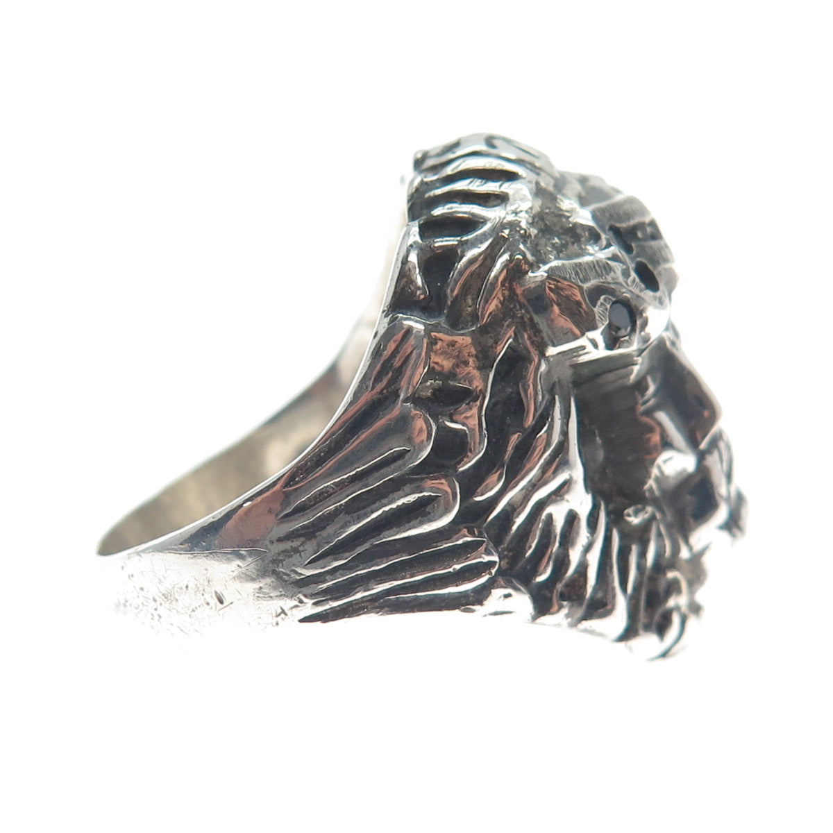 925 Sterling Vintage Real Black Diamond Jesus Ring Size 12.75 (missing 3 stone)