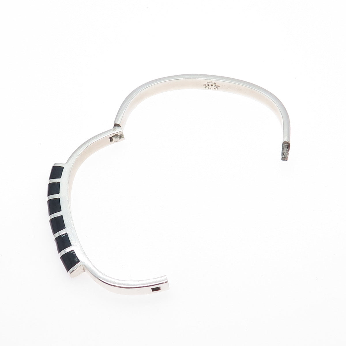 925 Sterling Silver Vintage Mexico Real Black Onyx Modernist Bangle Bracelet 7"