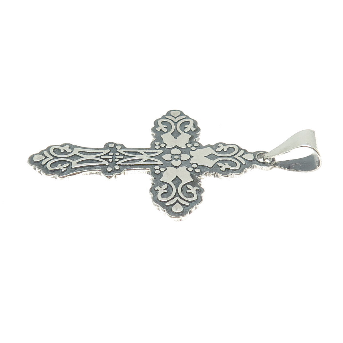 925 Sterling Silver Vintage CII Mexico Floral Cross Oxidized Pendant