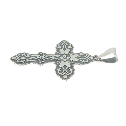 925 Sterling Silver Vintage CII Mexico Floral Cross Oxidized Pendant
