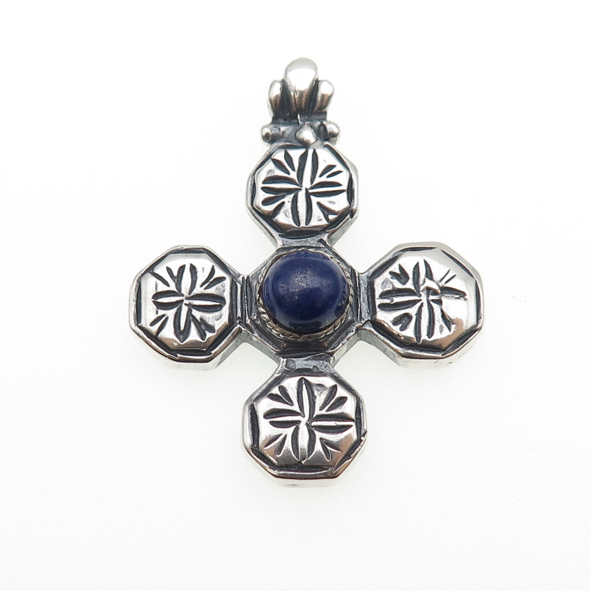 925 Sterling Silver Vintage Real Lapis Lazuli Cross Oxidized Pendant