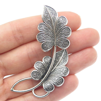 BEAU 925 Sterling Silver Vintage Floral Leaves Oxidized Pin Brooch