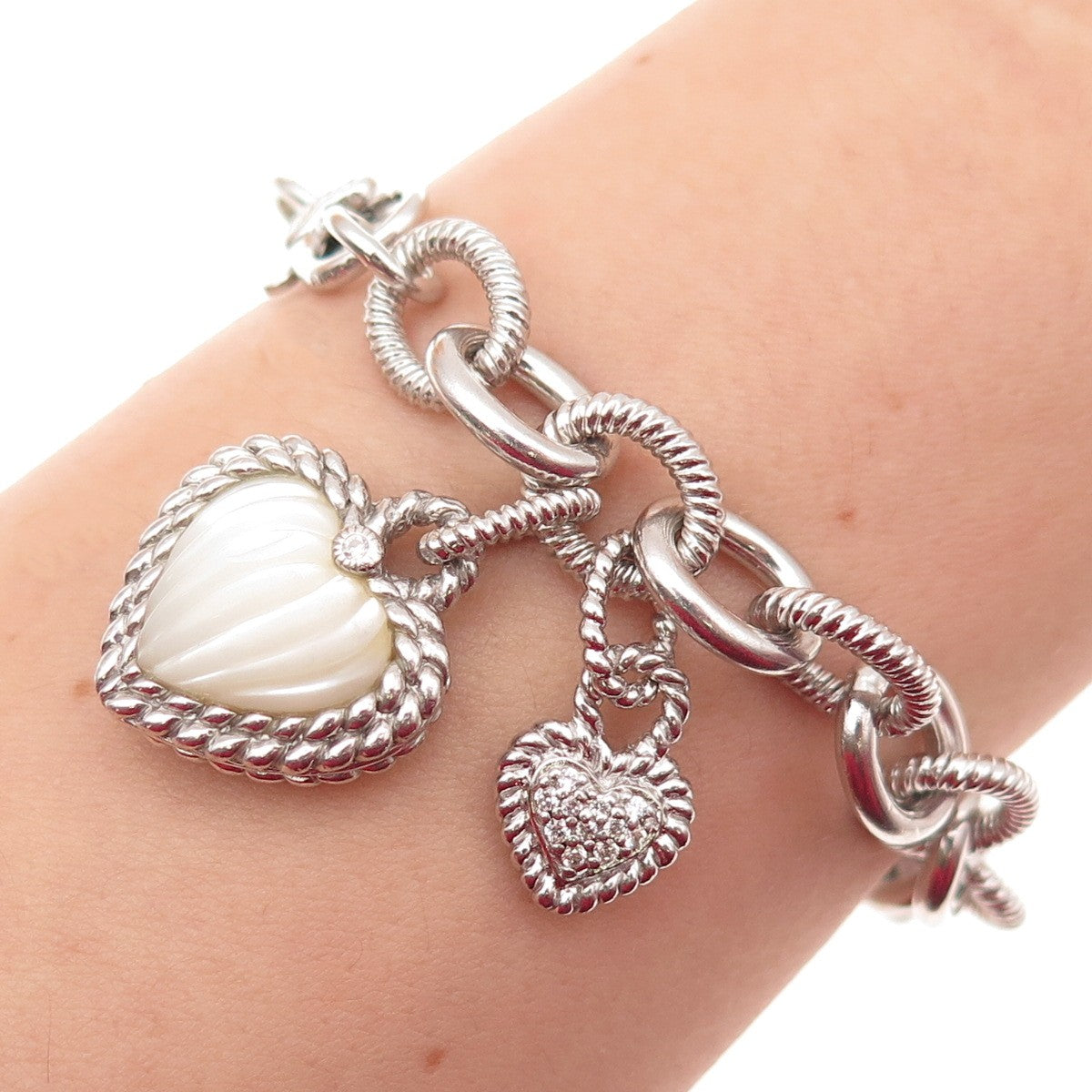JUDITH RIPKA 925 Sterling Silver Real MOP & C Z Heart Charm Bracelet 7"