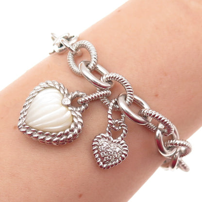 JUDITH RIPKA 925 Sterling Silver Real MOP & C Z Heart Charm Bracelet 7"