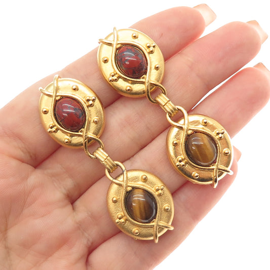 Rokoff New York Gold Plated Vintage Real Tiger Eye & Tiger Iron Clip On Earrings