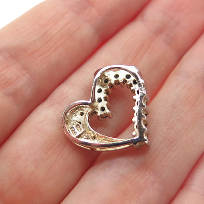 925 Sterling Silver 2-Tone Real Diamond Accent Sapphire Heart Mini Slide Pendant