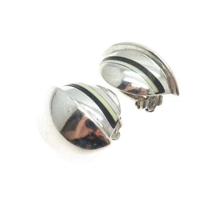 925 Sterling Silver VSS Vintage White & Black Onyx Modernist Clip On Earrings