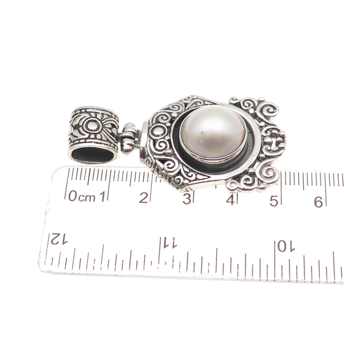 NK SILVER 925 Sterling Vintage Real Pearl Swirl Oxidized Pendant