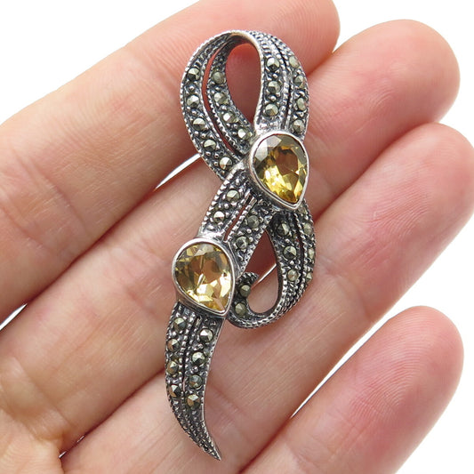 M.R.F. RESOURCES LTD. 925 Sterling Silver Vintage Citrine & Marcasite Bow Brooch