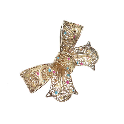 925 Sterling Silver Gold Plated Antique Art Deco Enamel Bow Filigree Pin Brooch