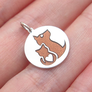 925 Sterling Silver Brown Enamel Cat & Dog Friendship Minimalist Charm Pendant
