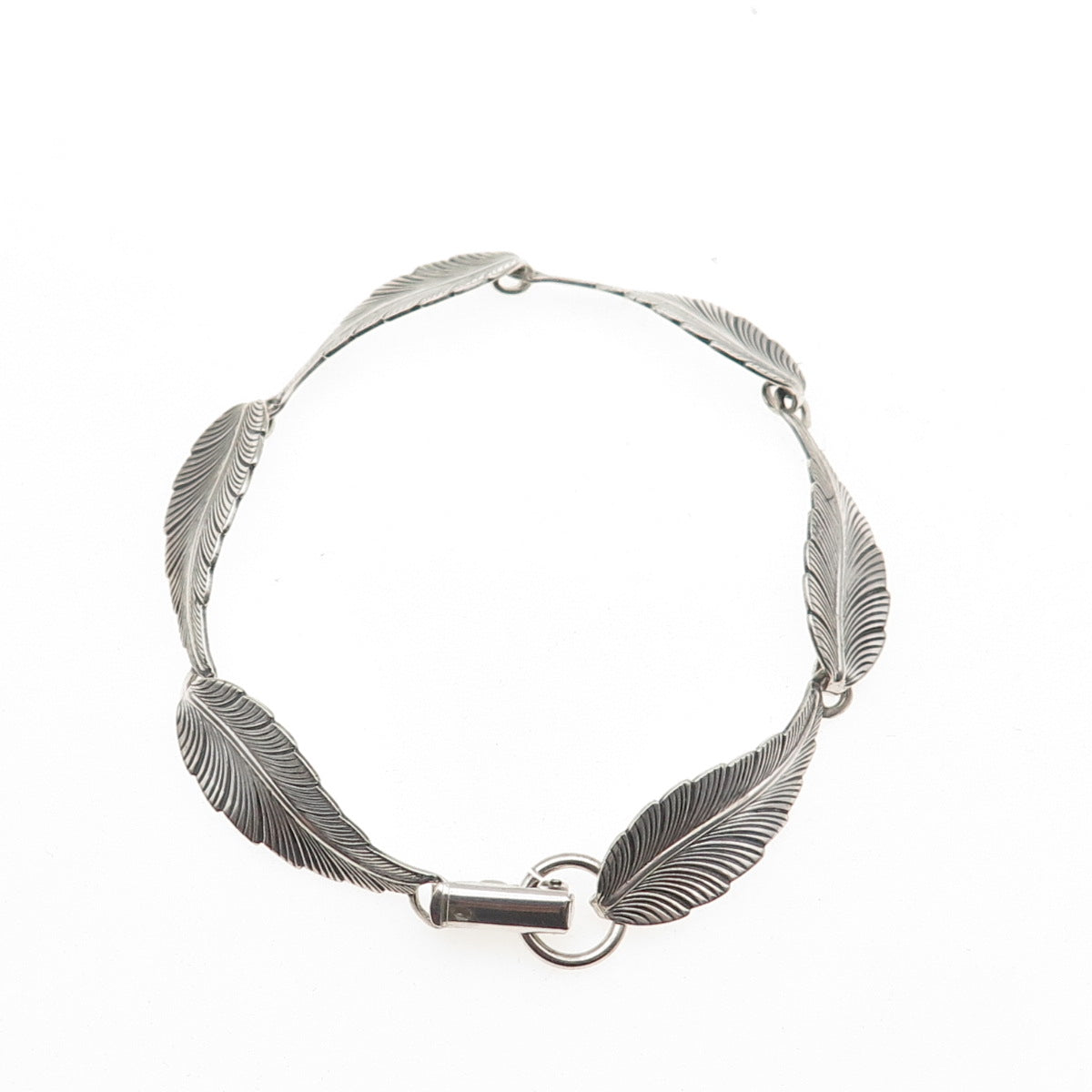 JEWELART 925 Sterling Silver Antique Art Deco Feather Link Oxidized Bracelet 7"