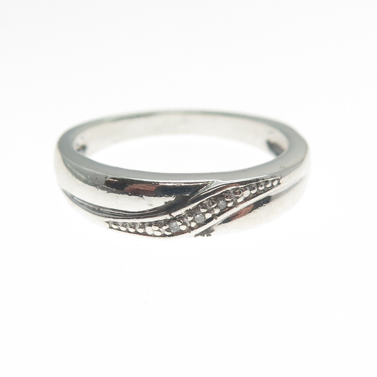 925 Sterling Silver Real White Diamond Accent Wavy Line Ring Size 7.5