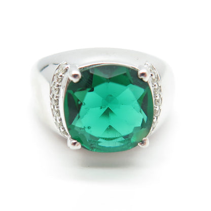 925 Sterling Silver Real Round-Cut Diamond & Synthetic Emerald Ring Size 6