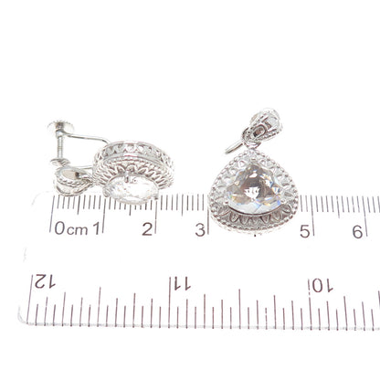 SAI 925 Sterling Silver Real Clear Quartz Teardrop Dangle Screw Back Earrings