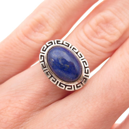 925 Sterling Silver Vintage Real Lapis Greek Key Oxidized Ring Size 6